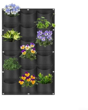 Platzsparende vertikale Filz-Pflanztasche zur Wandmontage, mit mehreren Taschen für drinnen und draußen, Kräuter, Gemüse, Blumen, Garten, Balkon, Dekoration, schwarz (18 flache Öffnung)