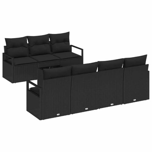 vidaXL 8-teiliges Gartensofa-Set mit Kissen aus schwarzem Poly-Rattan – modulares Outdoor-Sitzmöbel für Balkon und Terrasse, modernes Lounge-Möbel