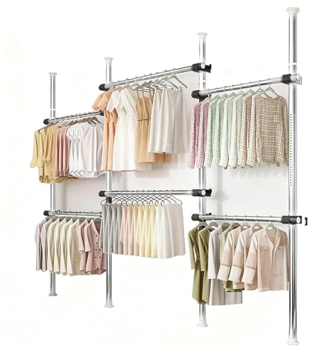 Teleskop Garderoben System - Offener Kleiderschrank Mit Teleskopstange 6 Stangen Höhenverstellbar 1,1 Bis 3 M Breite 0,75 Bis 1,2 M Seitenhaken Für Accessoires Ideal Ordnung Aufbewahrung (Silber)