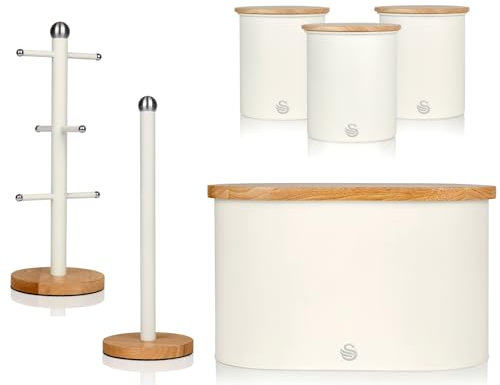 Swan Nordic Cotton White Bread Bin, Canisters, Mug Tree & Towel Pole. Matching Scandinavian Inspired Minimalist Design Kitchen Storage Set of 6