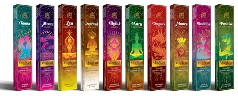 Himalaya Magical Combination Räucherstäbchen 10×12 Sticks – 10 Düfte: Aura, Buddha, Dragon’s Blood, Kama Sutra, Zen, Moon Magic – inkl. Satya & Goloka – Geschenkset mit Kajal Sticker