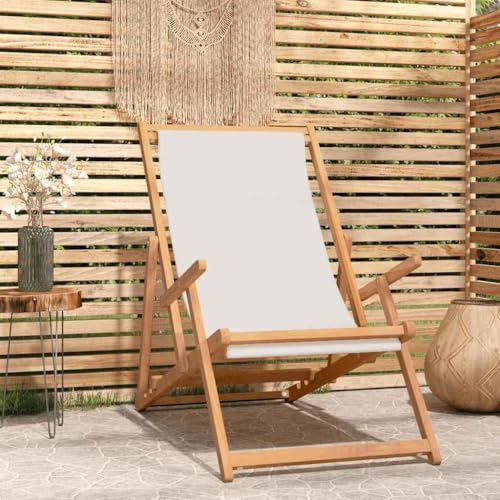 Mandloder Strandstuhl Klappbar Massivholz Teak Creme, Verstellbarer Gartenstuhl für Outdoor, Komfortabler Hochlehner für Gartenmöbel, Strand, Camping, Belastbar bis 110 kg