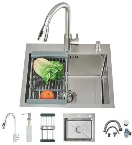 Küchenspüle aus Edelstahl Küchenspüle mit ausziehbarem Wasserhahn Tassenspüler Spülbecken für Küche für Aufliegend und Flächenbündig Montage,Gebürstet(50 * 45cm)