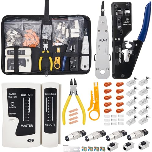 Kit Pince à Sertir RJ45 avec Testeur RJ45 et Connecteurs Pass Through Cat7 Cat6 Cat5-Outil Réseau Tout-en-Un pour Dénuder, Couper et Sertir-Idéal pour Installation Réseau Domestique et Réparation