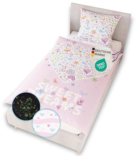 NYVI Renforce Kinderbettwäsche Glow in The Dark aus 100% Baumwolle - Vorderseite Leuchtend, mit Wendemuster, Reißverschluss, Oeko-TEX 100-135x200 cm Sweet Dreams