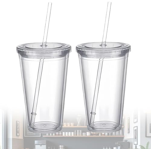 GOMETY 2 Stück Plastikbecher Mehrweg mit Deckel und Strohhalm, 650ML Doppelwandig Transparenter Trinkbecher mit Strohhalm, Kunststoffbecher Partybecher Doppelwandig isoliert für Fruchtsaft Eiskaffee
