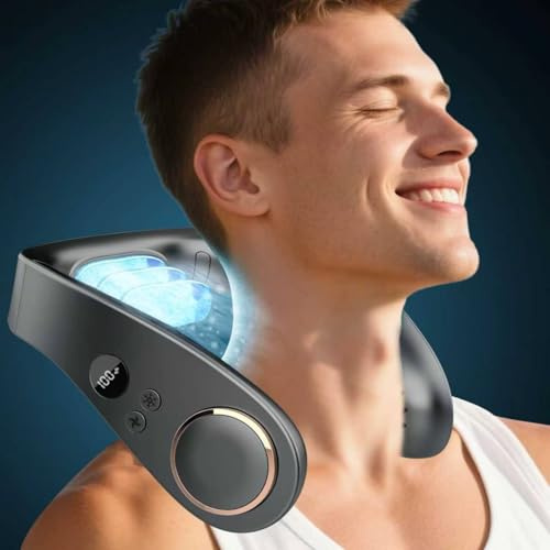 Kouric Neck Fan with Cooling Plate,Quiet 35dB,Max 24H Cooling,USB 5500mAh Battery,5 Speed&Power LED Display,Bladeless Fans to Wear Round,Personal AC Cooler for Women,Men,Kids,Outdoor,Travel,Black