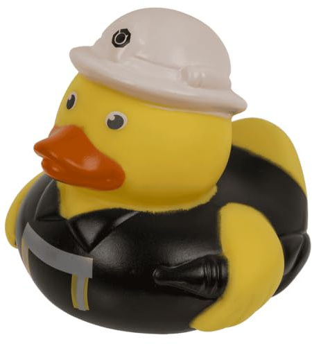Palleon Feuerwehrmann Quietscheente - Witzige Gummiente als Geschenk | Ca. 10 cm, Quietschfunktion, Feuerwehr-Kostüm mit Helm & Schlauch – ideal als Gag-Geschenk oder Deko