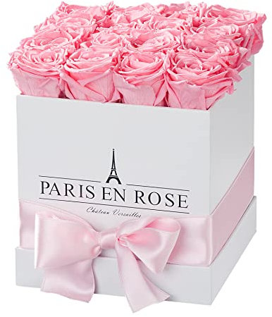 PARIS EN ROSE Rosenbox ECKIG | mit 12 rosa Infinity Rosen Größe XL | eckige, weiße Box mit Schleife | ewige Rose | 3 Jahre haltbar | Grußkarte
