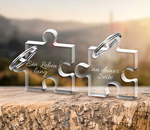 CHRISCK design 2 Schlüsselanhänger Puzzle mit liebevoller Gravur EIN Leben lang an deiner Seite aus Acrylglas schöne Geschenkidee zum Valentinstag Freund, Freundin für die Liebsten