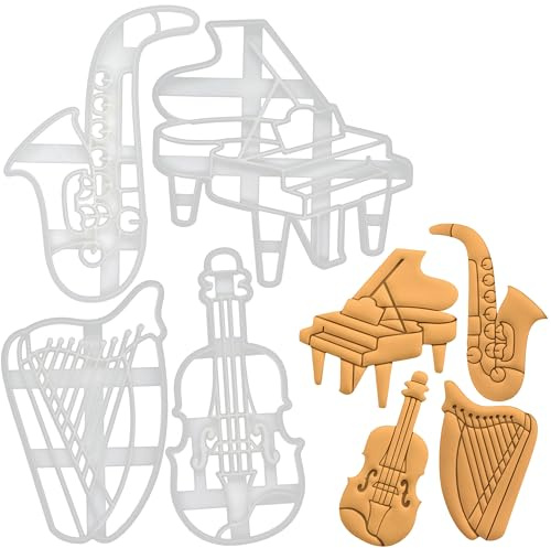 4er Set Musikinstrumente Ausstechformen (Formen: Harfe, Konzertflügel, Saxophon, Geige), 4 Teile, Bakerlogy