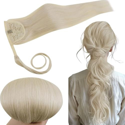 RUNATURE Extensions Pferdeschwanz Echthaar Blond Menschliches Haar 35cm Echthaar Zopf Platinblond Ponytail Extension Echthaar Gerade Haarverlängerung Echthaar 70g #60