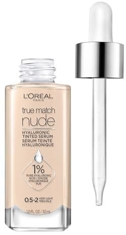 L'Oreal Paris True Match Nude Hyaluronic Tinted Serum Foundation with 1% Hyaluronic Acid, Very Light 0.5-2, 1 fl oz