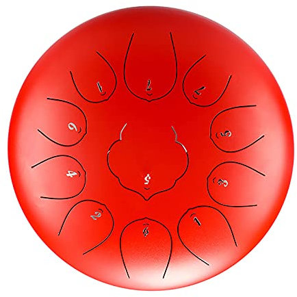 GKZJ Zungentrommel 11 gegen 13 Tone 12 Zoll,Stahl-Zungentrommel Hand Pan Schlagzeug Instrument mit Trommelschlägeln Note Sticks Musikbuch,Für Meditation Yoga Musiktherapie,12 inch 11 Tone-Chinese red