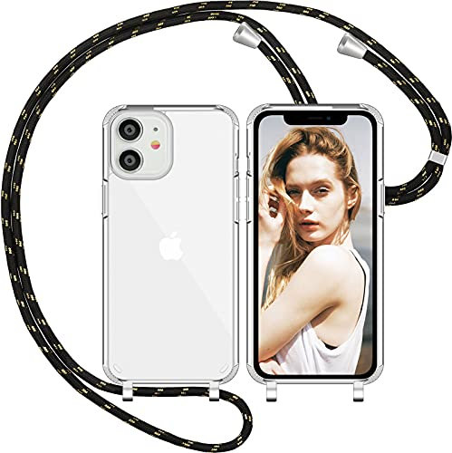 Nupcknn Handykette für iPhone 11 Hülle mit Band,Ultra Dünn Transparent Handyhülle (Abnehmbar Einstellbar) Necklace mit Kordel zum Umhängen Kameraschutz Handy Kette Stossfest Schutzhülle(Schwarz Gold)