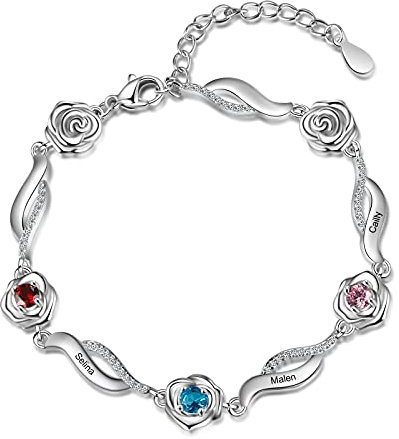 ALBERTBAND Bracelet Fleur Rose Personnalisé avec 1-5 Noms et Pierres de Naissance Simulées Bracelets à Breloques Réglables en Argent pour Femmes Femme Filles Saint Valentin Noël (3 names)