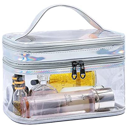 Ouncekey Trousse de Toilette Transparent Trousse de Maquillage Portable Double Couche Imperméable Pochette Sac Cosmétique de Voyage Vanity Case avec Brosse Compartiment pour Femme Homme