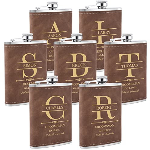 Flachmann mit Gravur, 7 Stück Personalisierte Flachmänner mit Eigenem Text für Trauzeugen Geschenk, Personalisierte Geschenke für Junggesellenabschied und Hochzeit (Braun)