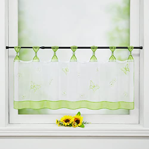 Delien Scheibengardine Voile Bistrogardinen mit Schlaufen Küchen Kurzstore Stickerei »Schmetterling« Transparente Durchstangenzug Stores Gardine Kurzvorhang BxH 120x30cm,Grün
