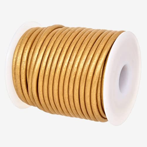GENIQUE Real/Genuine Round Leather String Cord for Necklace, Bracelets, Jewelry, Kumihimo Braiding, DIY Projects (10 Metres) (3mm, Gold Metallic)