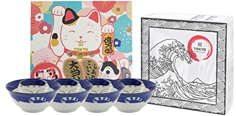 TOKYO design studio Kawaii 4 Schalen-Set blau-weiß, Ø 15 cm, ca. 500 ml, asiatisches Porzellan, inkl. Geschenk-Verpackung und exklusiven Servietten