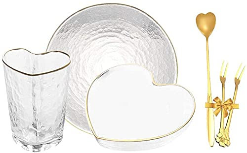 Juegos de platos llanos, Juego de platos de cristal en forma de corazón, Platos transparentes con Phnom Penh, Cuencos, Platos, Tazas, Cucharas y tenedores de frutas, Regalo de amor, 2 personas,