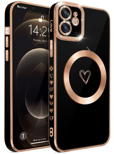 ECZOIL Compatible with iPhone 12 Case MagSafe,Full Camera Lens Protection Luxury Electroplated Cute Heart Magnetic Case for iPhone 12 for Women Girls-Black