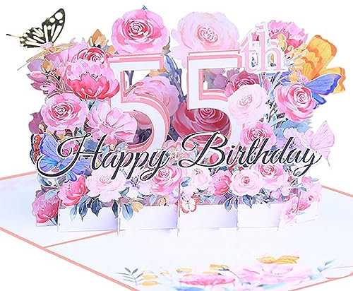 Geburtstagskarte zum 55. 3d blume pop up geburtstag karte Grußkarten Geschenk-Karte mit Umschlag Happy Birthday Greeting Card für fünfundfünfzig 55 jahre frau, Mütter, Freunden, Familie women (Rosa)