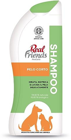 Real Friends | Shampoo per Cani e Gatti a Pelo Corto, Idrata, Distica e Lucida il Pelo Delicatamente, Certificazione ICEA, Made in Italy, Confezione 300 ml