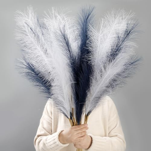 Acfruits 12 Stück marineblaue und weiße Pampasgras-Dekoration, 96,5 cm hoch, künstliche Pompas, Blumen, große künstliche Pompöse, Gras, Zweige Pflanzen für Bodenvasen, Heim-Boho-Dekoration
