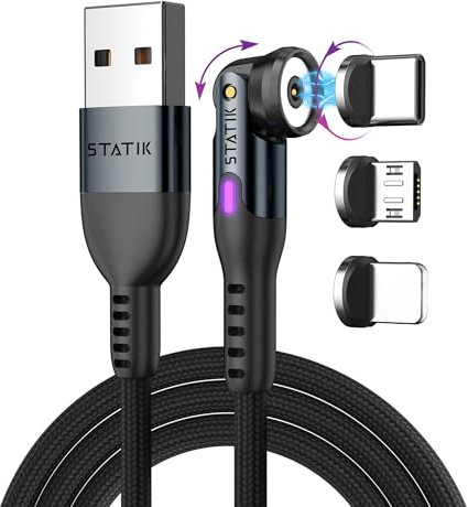 Statik 360 Magnetic Charging Cable - USB C Charger Cable, Phone Charger 3 in 1 USB C to USB C, Micro USB & iProduct Tips, USB A Adapter - Black 6FT/2M
