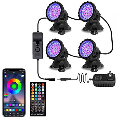 Luz subacuática Lámpara de piscina RGB foco subacuático, luces de estanque con aplicación y control remoto, juego de luces sumergibles impermeables IP68 for jardín/acuario/estanque de peces Luces de e