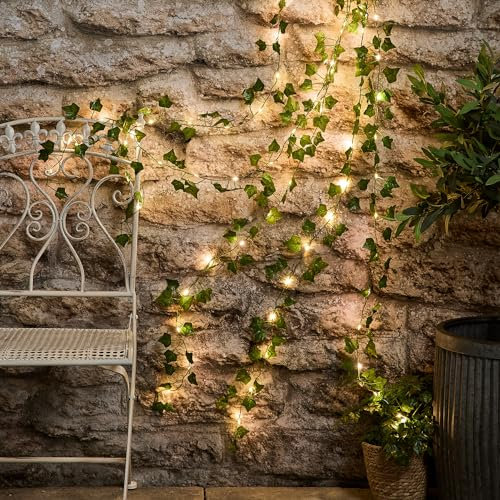 Lights4fun 75er Micro LED Efeu Lichterkette warmweiß Lichtervorhang Efeu Timer Batterie Lichterkette Außen Efeu Künstlich