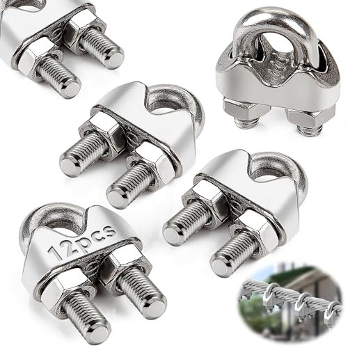 Mbsomnus Wire Rope Cable Clip Clamps M6 12 Pcs Wire Rope Clamp U Bolt Clamp 304 Stainless Steel for 6mm (1/4) Wire Rope Cable for Wire Fence Clips Garden Tension Wire Ropes