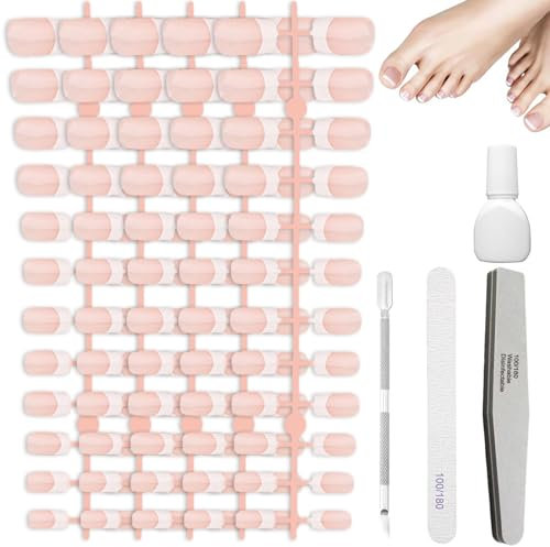 French False Toenails Set,120Pcs French Tip Toe Nails with Glue,Full Cover French Toe Nail,Nude Color,Short Nail Art Manicure Decorations for Girls Women