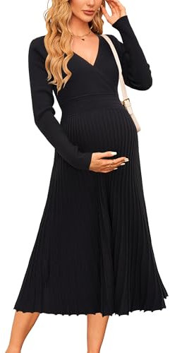 OUGES Jumper Dress for Women UK Black Long Winter Dresses Pleated Elegant Sweater Casual Knit Dress Fall-M