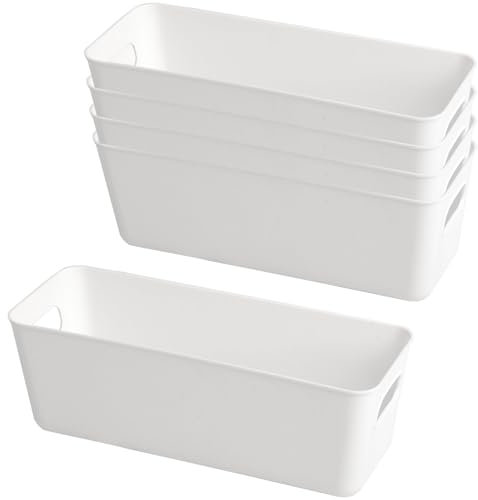 W&H 5 PCS Plastic Storage Boxes, White Rectangle Bathroom Storage Baskets with Handle, Kitchen Cupboard Organiser, Narrow Storage Organiser for Home, Drawers, Office, Shelves Storage - 26.8×8.8×9.5cm