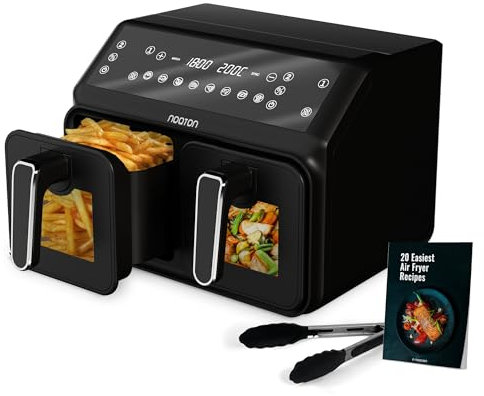 Noaton Dual Pot Digitale Heißluftfritteuse, 6,8 L, Doppelkammer Airfryer, Sync-Funktion, Touchscreen, ohne Öl, 8 Programme, Timer-Funktion, Inklusive Rezeptbuch und Küchenzange, Schwarz