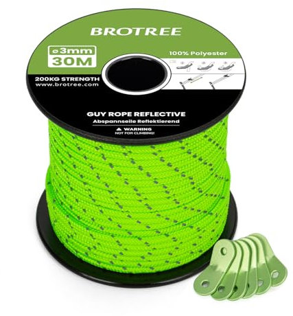 BROTREE Tent Guy Rope 3mm 30m Reflective Guy Line Heavy Duty Guide Rope with 6Pcs Aluminum Tensioners for Tent Gazebo Awning Camping (Neon Green)
