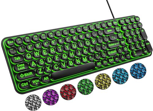 QUASIO Large Print Backlit Keyboard, Wired USB Lighted Computer Keyboards with 7-Color Backlit, Oversized Print Letters, Quiet Typewriter Keyboard with Retro Round Keycaps for Windows PC, Laptop