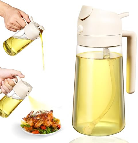 Lychico Oil Dispenser Bottle 470ml/16oz, 2 In 1 Oil Dispenser and Oil Sprayer, Food Grade Spray Bottle for Kitchen Cooking, Oil Dispenser for BBQ, Salad, Baking Steak, Air Fryer, Beige