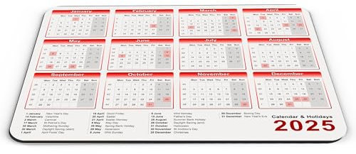 Calendar & Holidays 2025 Computer PC Mousemat (Red)