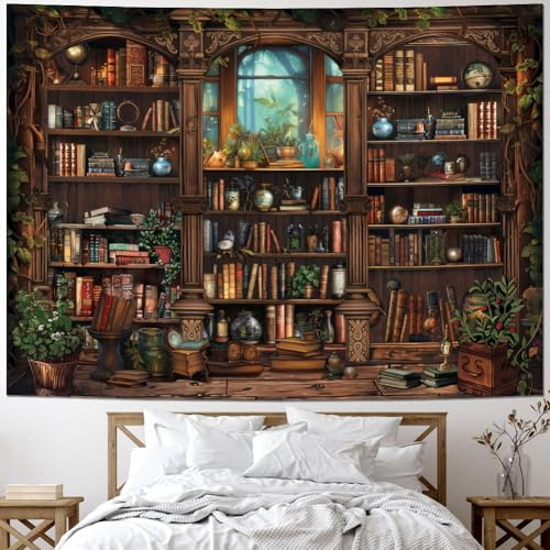 Leofanger Vintage-Bücherregal-Wandteppich, mittelalterliche Kunst, Buch, Wandteppich, Pflanze, Blumenmuster, Retro-Bibliotheks-Hintergrund, Wandteppich, Wandbehang für Heimdekoration (130 x 150 cm)