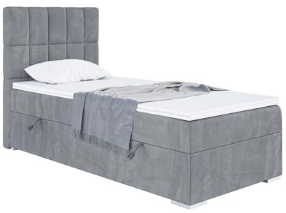 MEBLINI Boxspringbett mit Bettkasten - Gepolstert Einzelbett mit Matratze und Topper - Polsterbett mit Stauraum - Bett mit Kopfteil - Stauraumbett - Lukas - 80x200 Links - H4/Grau Samt