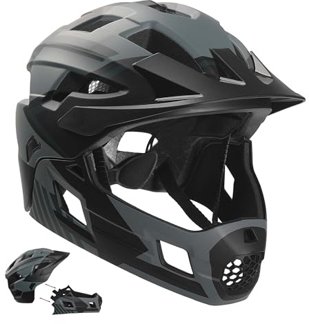 Crazy Safety Grey Full Face Helmet | For BMX, MTB, scooter | Kids bike helmet with 2-in-1 design and removable chin guard | Motocross size M 54-57 cm | Lightweight and durable