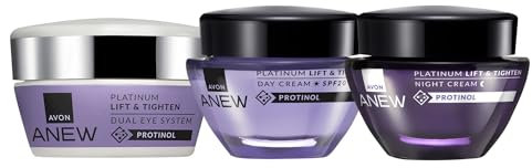 Avon Anew Platinum Set, Tagescreme 50 ml + Nachtcreme 50 ml + Augencreme 20 ml, 3 Stück, zum Anheben und Straffen der Haut, ultimatives Hautpflege-Trio für Kinder ab 50 Jahren, angetrieben durch