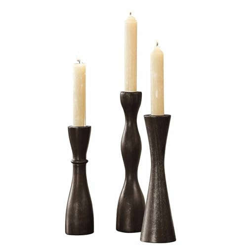 Loberon Kerzenständer 3er Set Méléandre, schwarz | DREI Größen, Geschwungene Formen, für Stabkerzen, Handgefertigt, Kerzenhalter, Dekoration, Mangoholz
