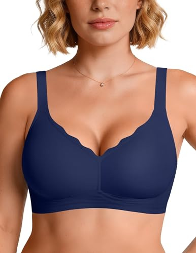 Vertvie Bras for Women Non Wired Seamless Wireless Push Up Bra Comfort Support Full Coverage Bralettes Scalloped Padded Sports Everyday Bra (Blue Navy,L)