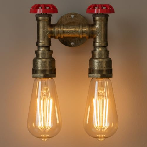 LEDSone Industrial Twin Water Pipe Wall Light Brushed Copper E27 Red Valve | Brushed copper finish | Twin pipe design | Red valve detail | E27 fitting | Ideal for bedroom, bar, pub, café & hotel