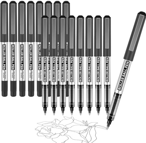 Tintenroller Stifte, 16 Stück Kugelschreiber Gelstifte Schwarz, 0,7mm Rollerball Stift, schnelltrocknend, Gelstifte set für Büro, Journaling, Erwachsene